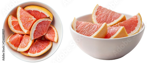 Fresh grapefruit slices in white ceramic bowls collection isolated on a transparent background photo