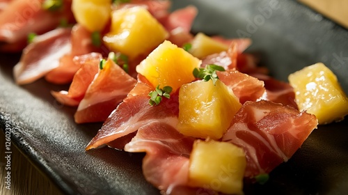 Indulge in the unique gourmet delight of Spanish Iberian Serrano ham paired with juicy pineapple. This tantalizing creation melds the savory notes of jam�n ib�rico with the sweet photo