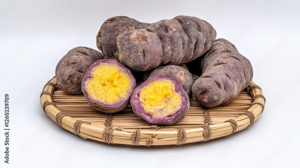Freshly Harvested Sweet Potatoes on a Bamboo Platter with Purple and Yellow Flesh Freshly Harvested Sweet Potatoes on a Bamboo Platter with Purple and Yellow Flesh