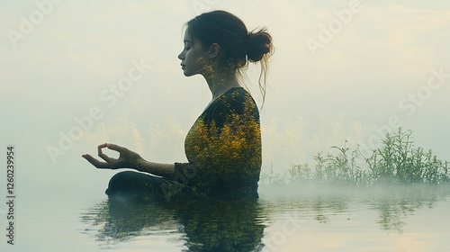 woman meditating or praying in lotus pose with double exposure effect