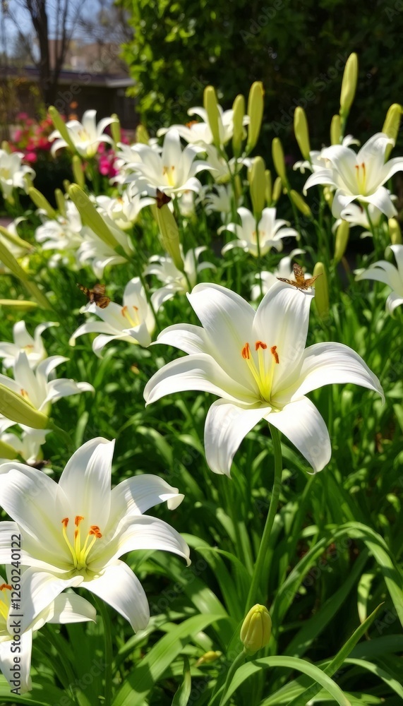 Fototapeta premium A bright display of white lilies in full bloom, attracting bees and showcasing the beauty of nature, perfect for spring-themed projects or gardening enthusiasts.
