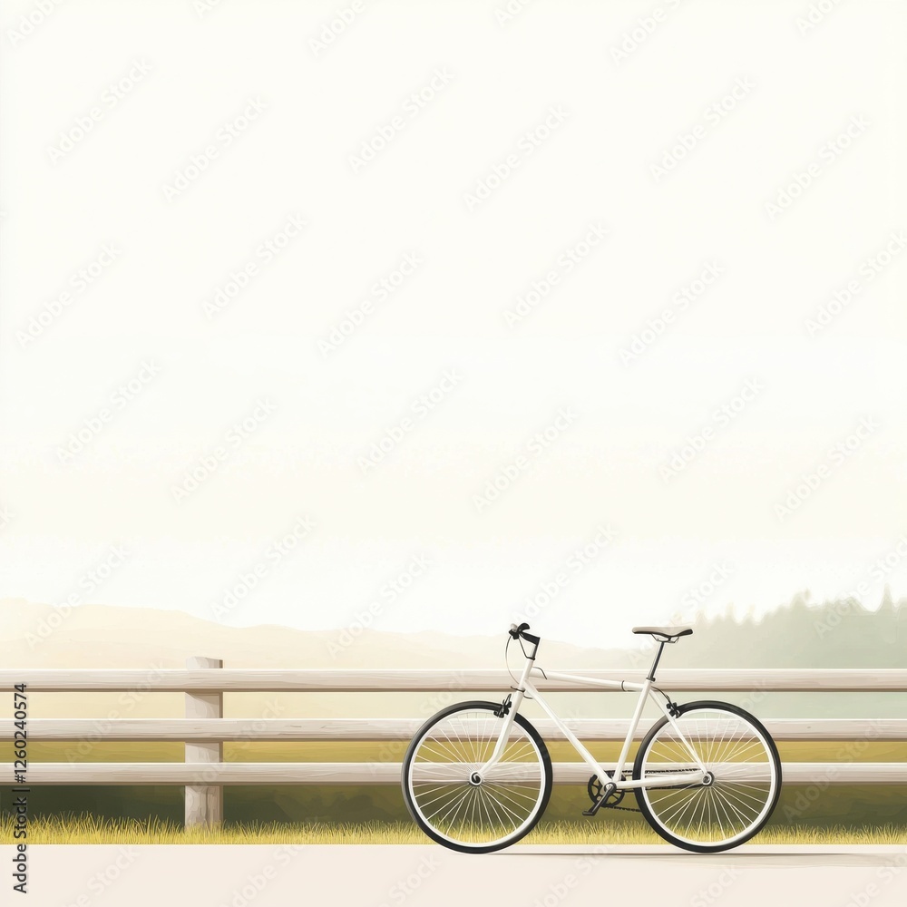 Obraz premium A minimalist scene features a white bicycle leaning against a railing, set against a soft, hazy background of grass and trees.