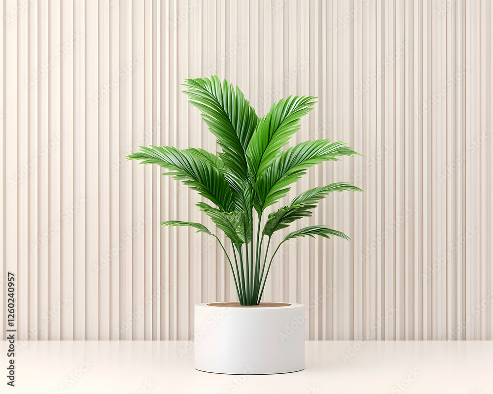 Green houseplant in white pot on table against striped wall. Interior design use Green houseplant in white pot on table against striped wall. Interior design use