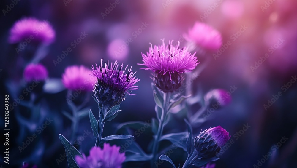 Purple Thistle Flowers Bloom Vibrantly in Sunset's Embrace, Nature's Beauty Unfolds Serene and Magical. Purple Thistle Flowers Bloom Vibrantly in Sunset's Embrace, Nature's Beauty Unfolds Serene and Magical.