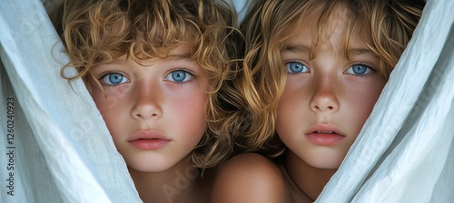 Two Young Children With Blonde Hair and Striking Blue Eyes Peering From Behind a White Sheet