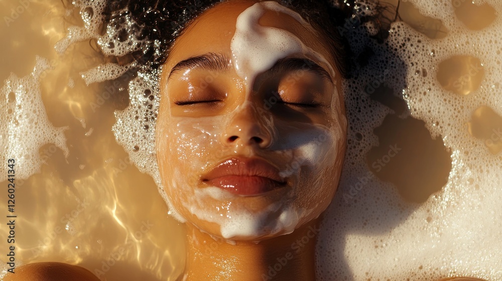 Serene Skincare Ritual: Woman Relaxing in a Bubbly Bath Serene Skincare Ritual: Woman Relaxing in a Bubbly Bath
