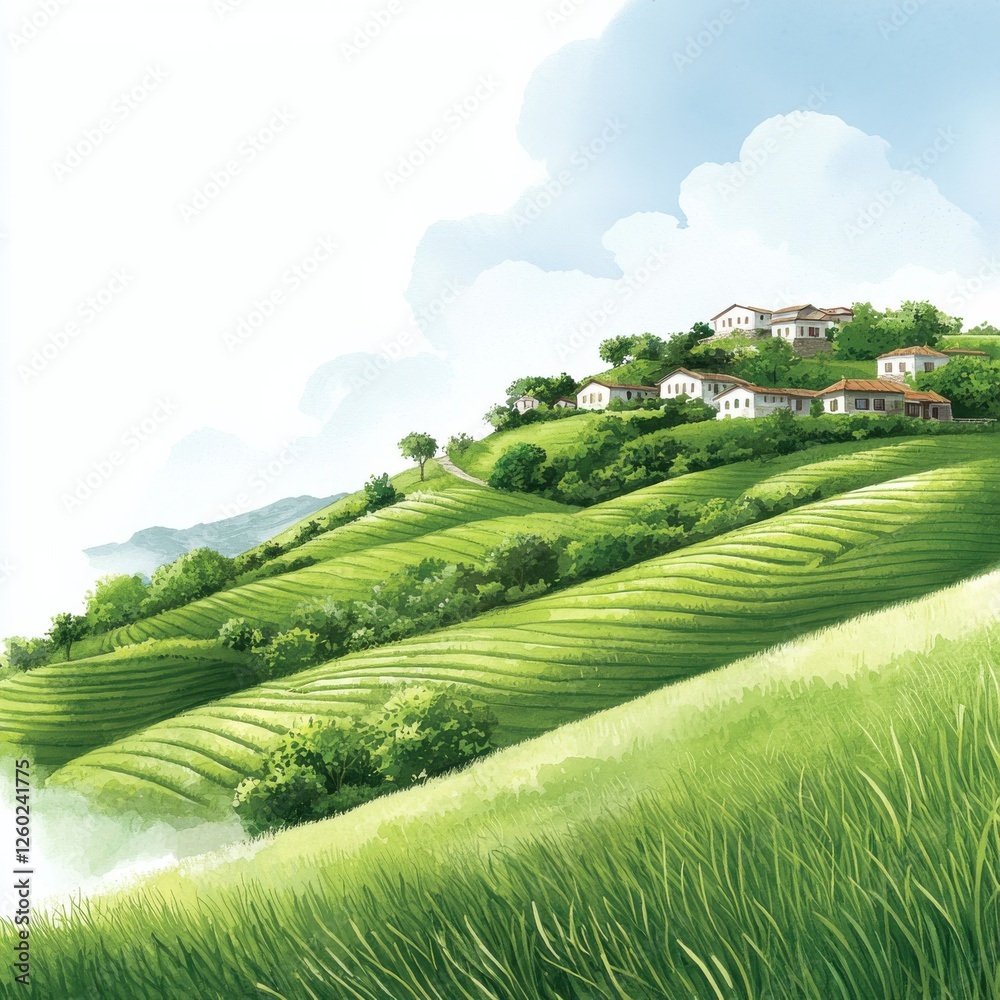 Fototapeta premium A serene landscape featuring lush green hills, dotted with quaint houses and a blue sky, evoking a peaceful countryside atmosphere.