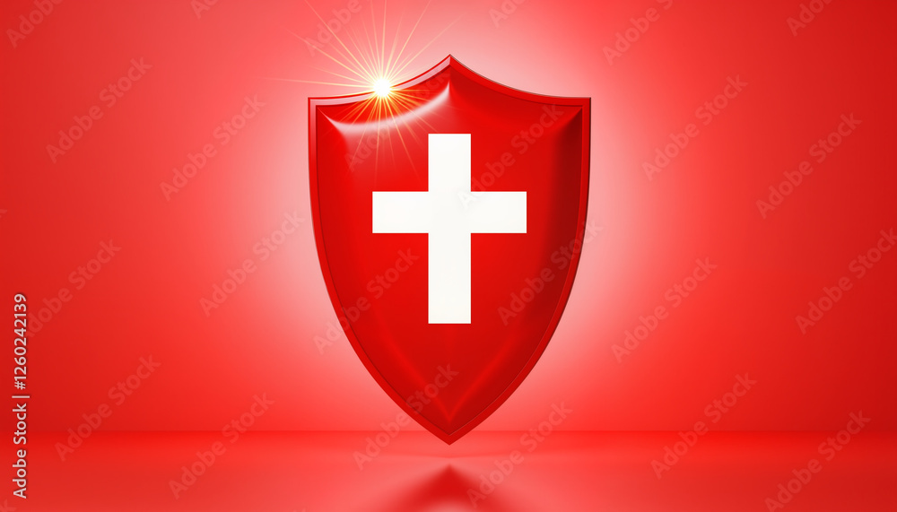 Red shield with white cross and glowing light effect Red shield with white cross and glowing light effect