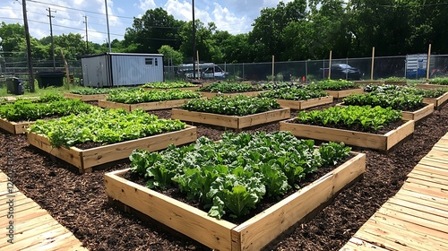 Urban community garden, leafy greens growing, sunny day, industrial background, healthy food