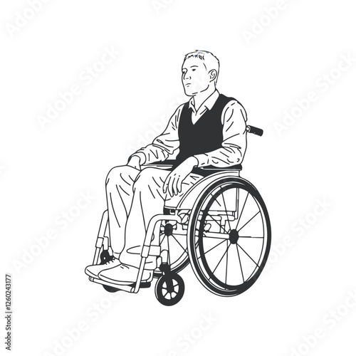 Wheelchair Silhouette of Man - Unique and Elegant Seated Figure Illustration - Wheelchair Man Vector - Wheelchair Man Doodle - Wheelchair Illustration - Man in Wheelchair Line Art
