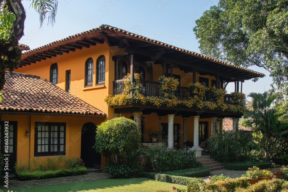 Luxury yellow home with lush greenery Luxury yellow home with lush greenery