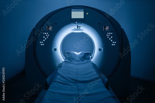 Medical CT or MRI Scan in the modern hospital laboratory. Interior of radiography department. Technologically advanced equipment in white room. Magnetic resonance diagnostics machine. Blue backdrop