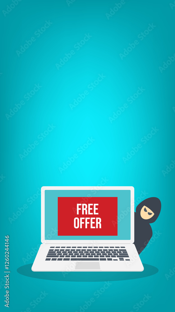 Free offer message banner on a laptop computer and a hacker. Hacking concept.
Free offer message banner on a laptop computer and a hacker. Hacking concept.