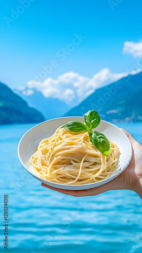 Pasta dish by lake with mountains. Outdoor summer meal photo