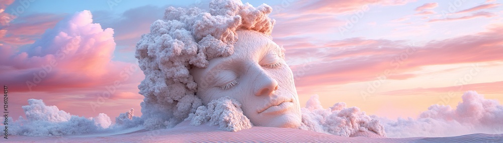 Obraz premium A stunning desert landscape showcases soft sand dunes resembling a giant's face, bathed in warm sunset hues. The surreal atmosphere creates a cinematic feeling of tranquility and wonder