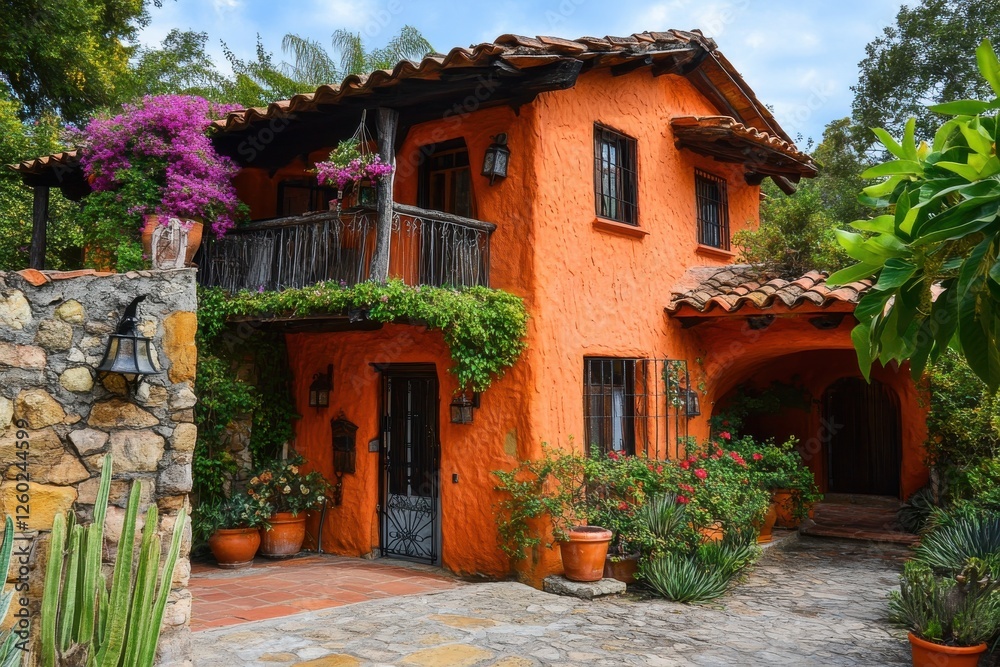 Fototapeta premium Vibrant orange stucco house with lush landscaping.