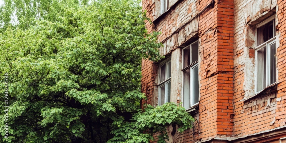 A Weathered Brick Building Surrounded by Lush Greenery in an Urban Landscape Setting A Weathered Brick Building Surrounded by Lush Greenery in an Urban Landscape Setting
