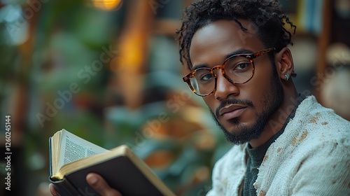 young man reading the bible sitting on a terrace in the garden