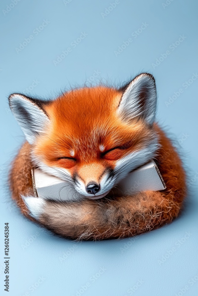 Fototapeta premium Adorable Red Fox Cub Napping Peacefully with Cardboard Box