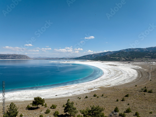 Fototapeta Naklejka Na Ścianę i Meble -  Panorama landscape of Lake Salda (Salda Gölü) on a sunny day, Burdur, Turkey. 