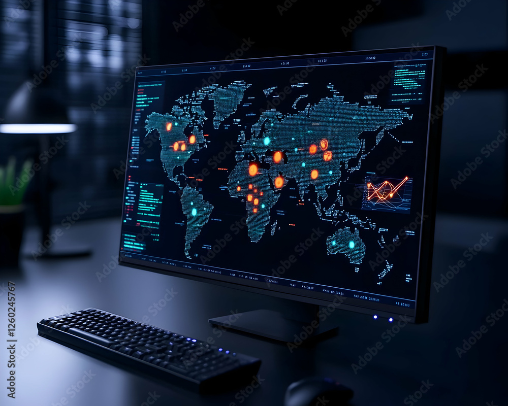 Screen displays world map with data points in a modern, dark office setting Screen displays world map with data points in a modern, dark office setting