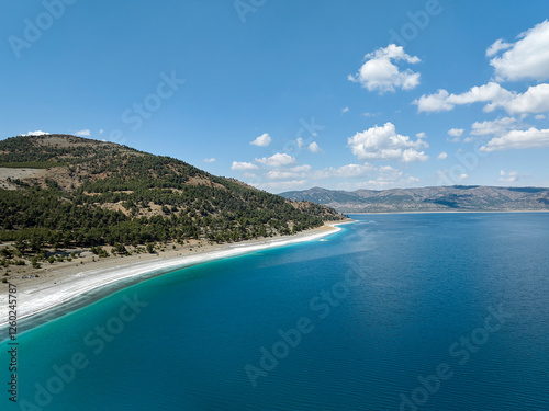 Fototapeta Naklejka Na Ścianę i Meble -  Aerial drone panorama landscape of Lake Salda (Aka Turkish Maldives) and its turqoise waters, Burdur, Turkey