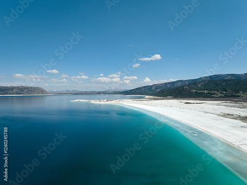 Fototapeta Naklejka Na Ścianę i Meble -  Panorama landscape of Lake Salda (Salda Gölü) on a sunny day, Burdur, Turkey. 