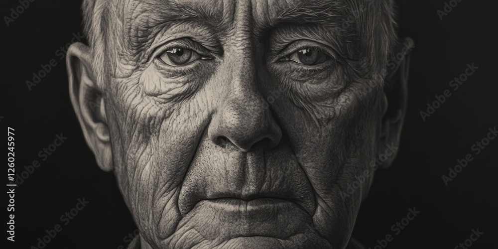An intricately shaded portrait captures an elderly man’s expressive features, highlighting deep-set wrinkles and nuanced textures that tell his life's story in compelling black and white detail An intricately shaded portrait captures an elderly man’s expressive features, highlighting deep-set wrinkles and nuanced textures that tell his life's story in compelling black and white detail