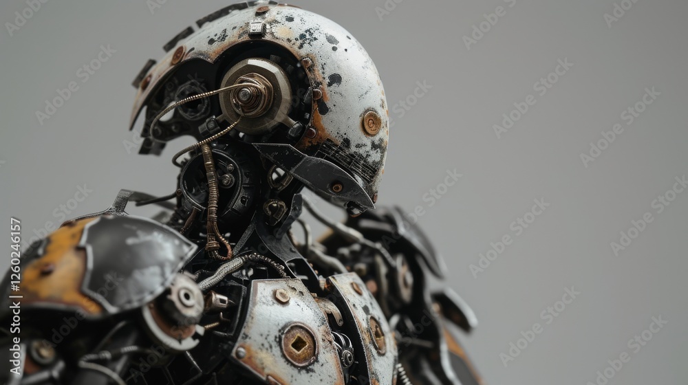 Fototapeta premium A detailed close-up of a weathered cybernetic humanoid with intricate exposed mechanical components. The futuristic robot features a distressed metal finish and a sleek yet aged design. AI generated.