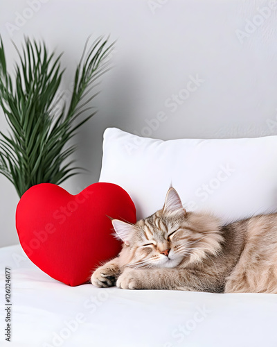 Sleepy cat resting on white couch with heart pillow photo