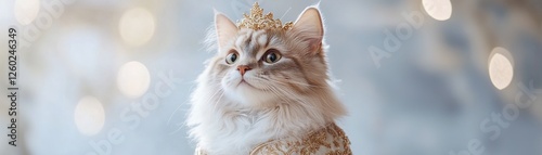 A regal long-haired cat adorned in an intricate gold-embroidered cape and a delicate crown stands proudly on a marble runway, illuminated by soft-focus luxury lighting photo