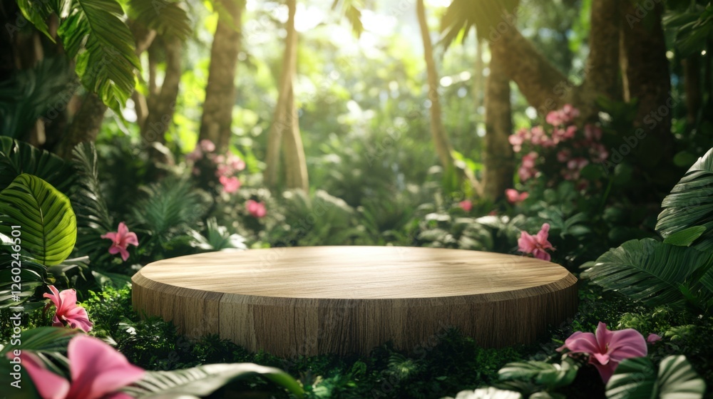 Fototapeta premium wooden platform in lush tropical jungle setting