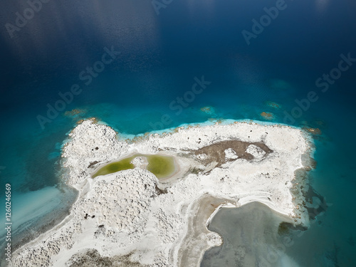 Fototapeta Naklejka Na Ścianę i Meble -  Aerial drone panorama landscape of Lake Salda (Aka Turkish Maldives) and its turqoise waters, Burdur, Turkey