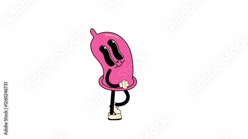 Retro condom mascot character in a smooth walking loop animation. Designed with a transparent background for easy placement in creative projects and overlays