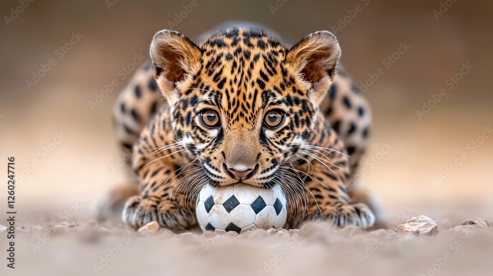 Naklejka premium a jaguar cub playing with a soccer ball on the ground, surrounded by stones The background is slightly blurred, giving the image a dreamy feel