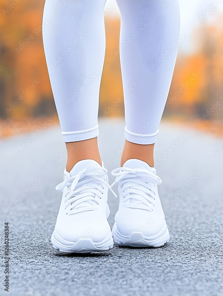 Walking on street in white outfit on fall, for fitness, health, sport uses Walking on street in white outfit on fall, for fitness, health, sport uses