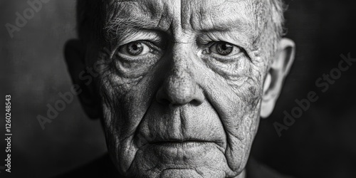 A timeless portrait captures the intricate details of an elderly man’s weathered face, with deep wrinkles etched by life's journey, eyes gazing intently from a black and white canvas photo