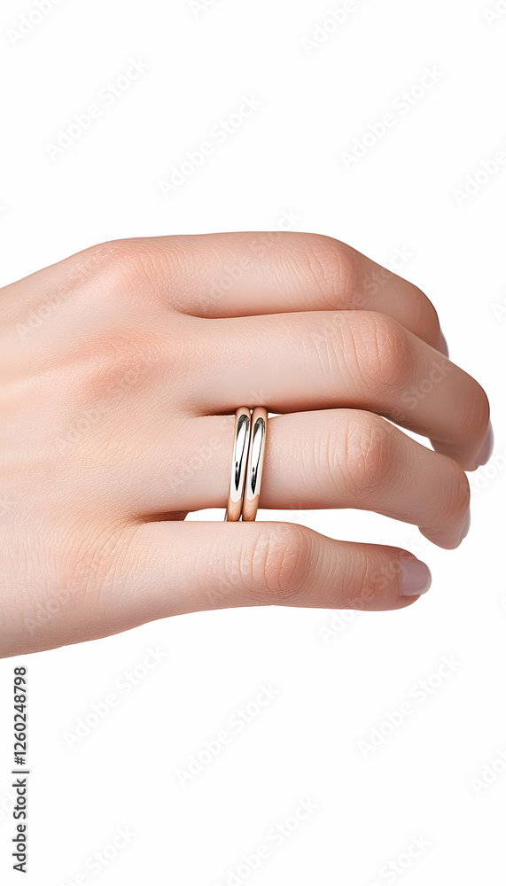 Woman displays ring on finger, symbol of love or commitment. Isolated background Woman displays ring on finger, symbol of love or commitment. Isolated background