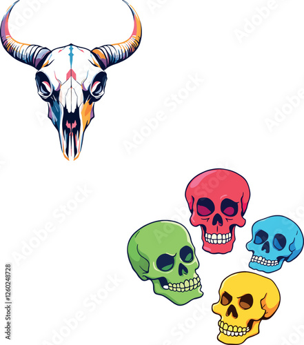 Colorful skulls and bull skull representing death and danger