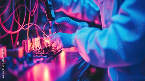 Technician working on electronic circuit board assembly