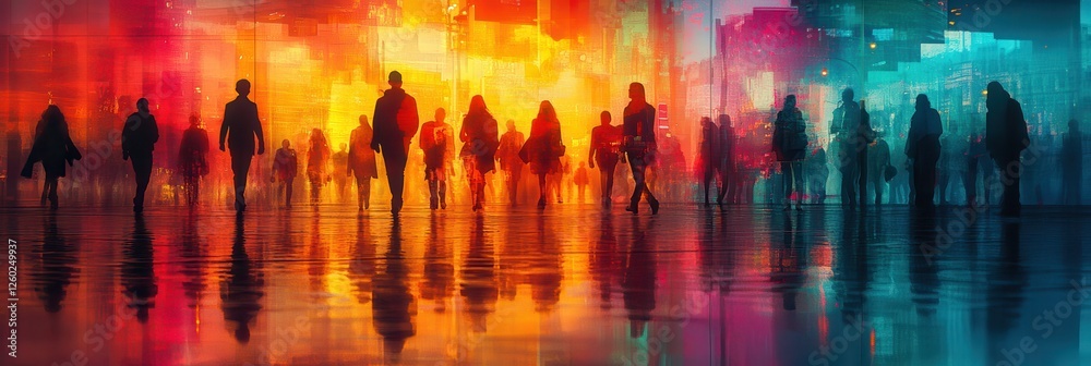 Obraz premium Urban Mirage: Silhouetted figures traverse a vibrant, colorful cityscape, their reflections mirroring the dynamic energy of the urban landscape. The artwork evokes a sense of movement, anonymity.