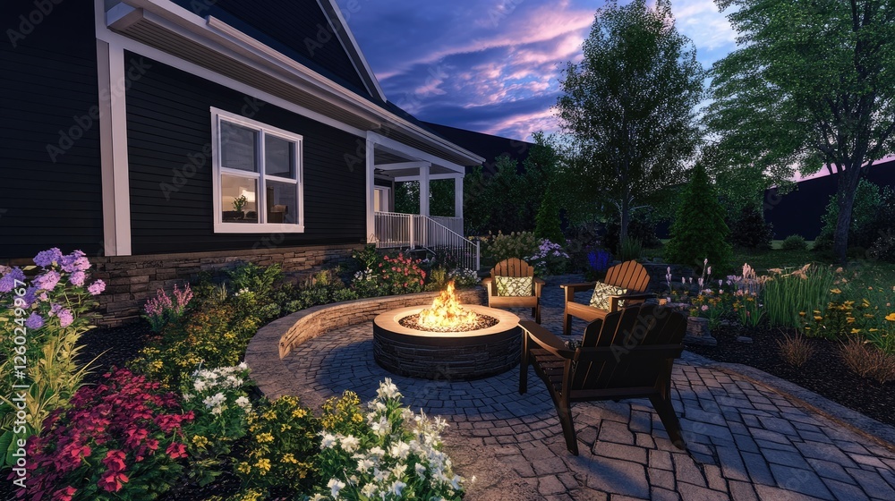 Obraz premium A charming outdoor patio with a fire pit at its center, framed by cozy chairs and lush plants under the evening sky.