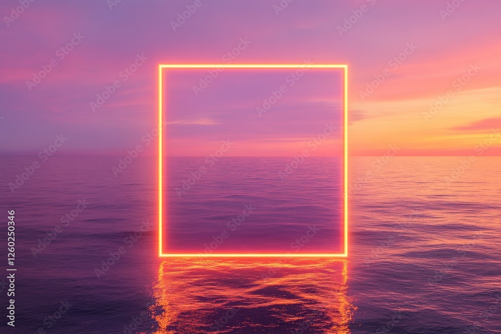Fototapeta premium Neon Sunset Seascape: A vibrant neon rectangle glows in the tranquil ocean, reflecting on the water's surface against a breathtaking sunset. The image evokes a sense of serene mystery and calm.