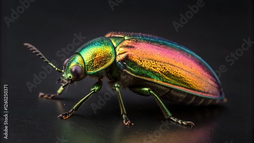 Jewel Beetle Close-Up: A captivating close-up of a jewel beetle, showcasing its iridescent, shimmering exoskeleton in vibrant shades of green, blue, and red. photo