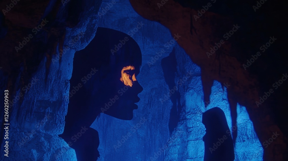 Cave Silhouette Against Blue Background with Light Accentuating Unique Rock Formation Cave Silhouette Against Blue Background with Light Accentuating Unique Rock Formation