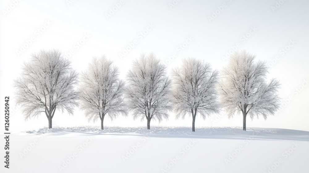 Fototapeta premium Five bare winter trees in a snowy landscape.