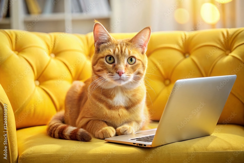 Ginger Cat on Yellow Sofa Working from Home, Laptop, Cute Pet Ginger Cat on Yellow Sofa Working from Home, Laptop, Cute Pet