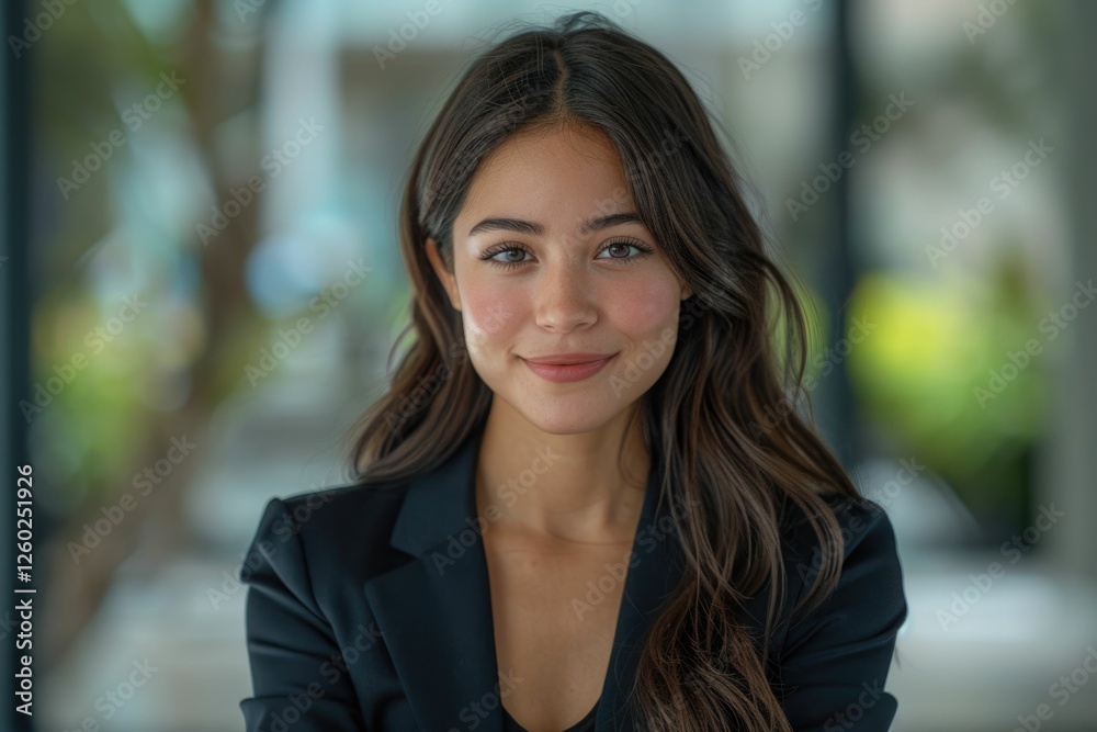 A young woman with long brown hair smiles gently, wearing a dark blazer. A young woman with long brown hair smiles gently, wearing a dark blazer.