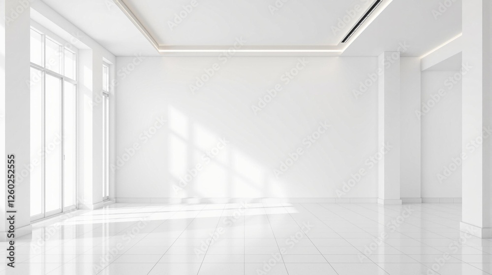 Fototapeta premium bright white void: an empty room with clean walls and floor, illuminated by soft, natural light, creating a minimalist and spacious interior