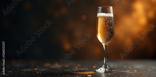 Full glass of champagne, effervescence visible , party, golden, beverage